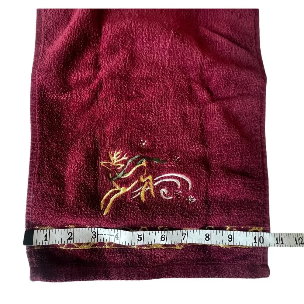 3 Christmas Reindeer Hand Towels 17X10.5Maroon w/ Gold Embroidery 99% Cotton